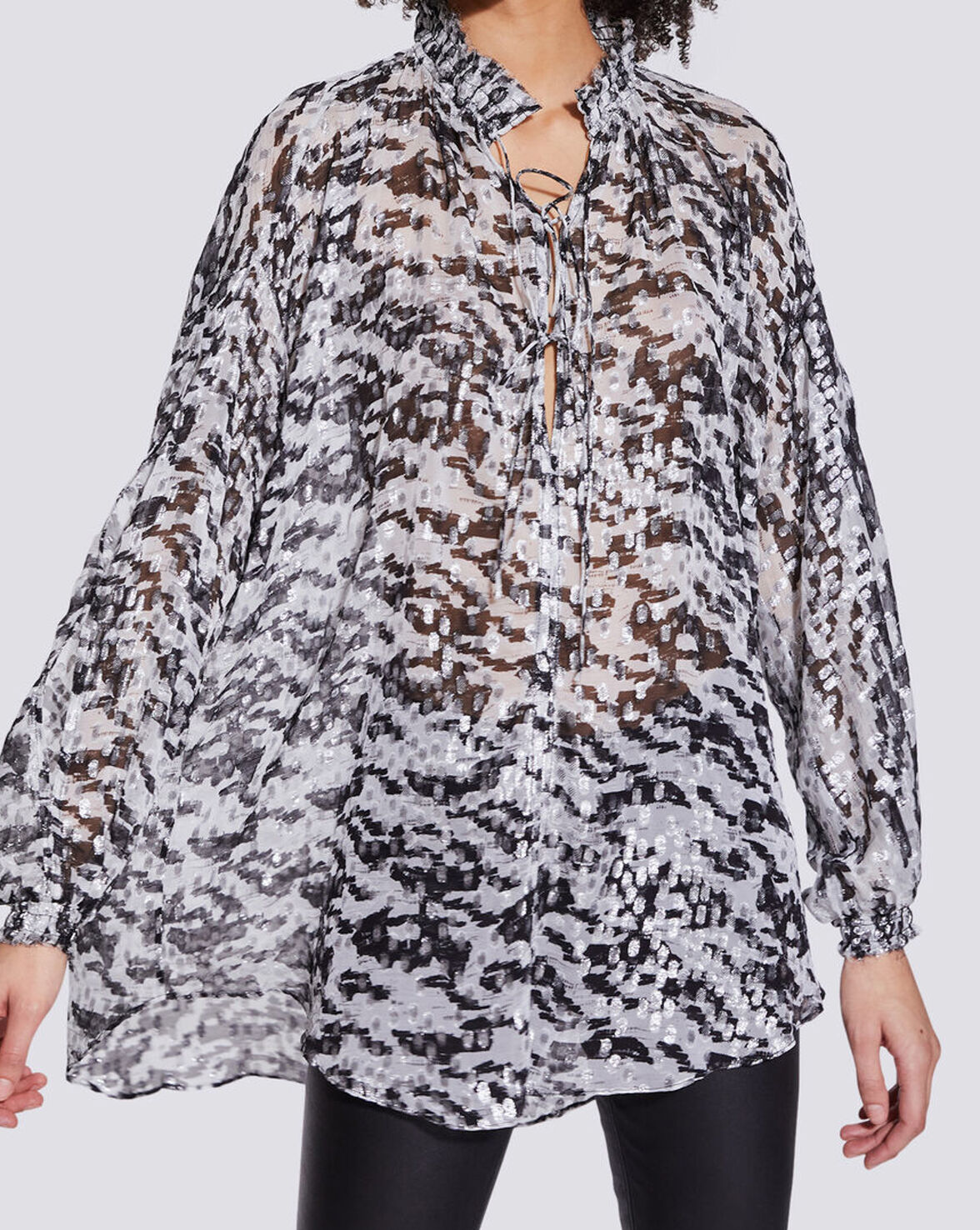 SELLA METALLIC PRINT TIE BLOUSE TOP image number null